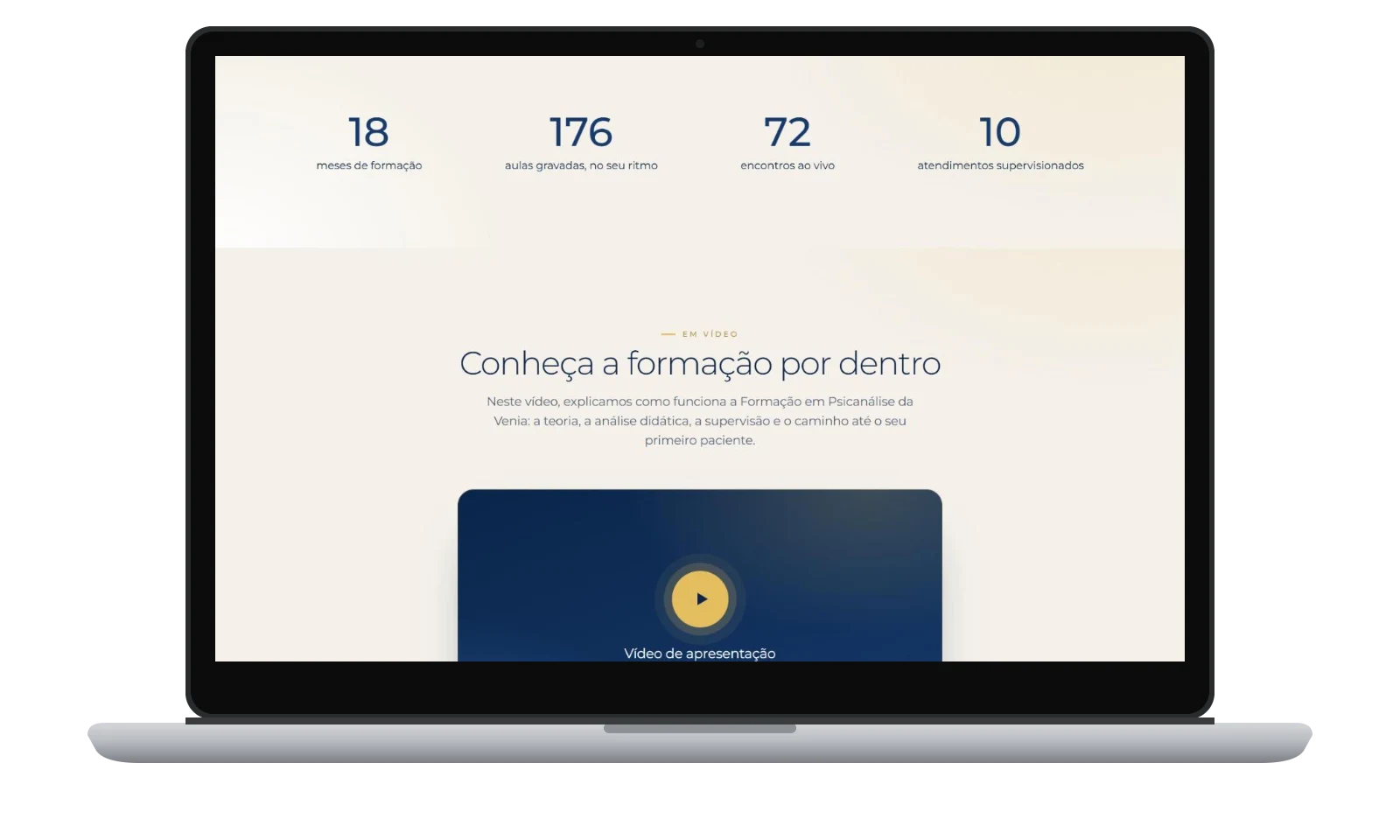 Mockup de seção do site Venia Academy em notebook